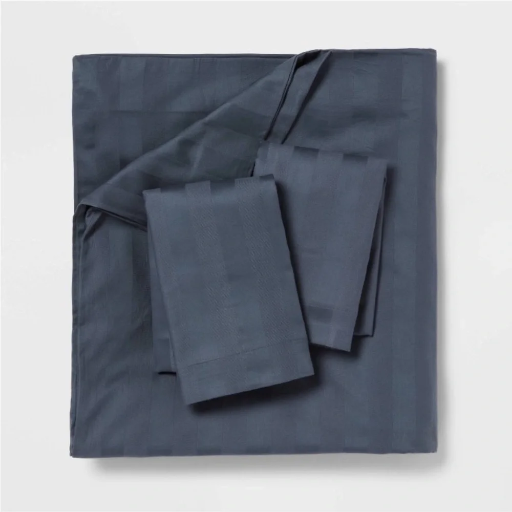 THRESHOLD NWT luxe striped damask duvet cover & sham set -dark teal blue -queen
